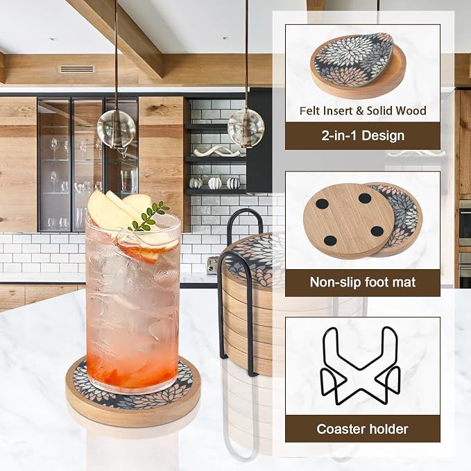 Wood Coasters Set of 6 with Holder, Cewiru Cup Mat - Image 5
