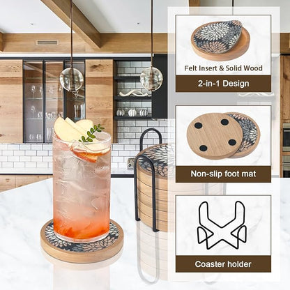 Wood Coasters Set of 6 with Holder, Cewiru Cup Mat - Image 5