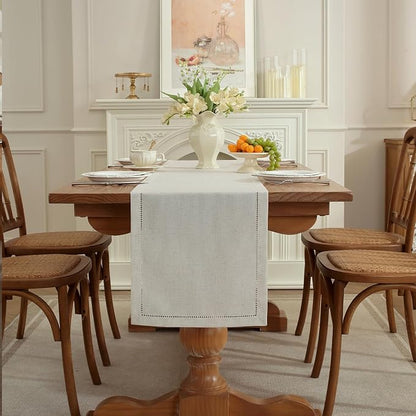 Linen Blend Table Runner – Light Natural Handmade Hemstitch, Classic Style - Image 5