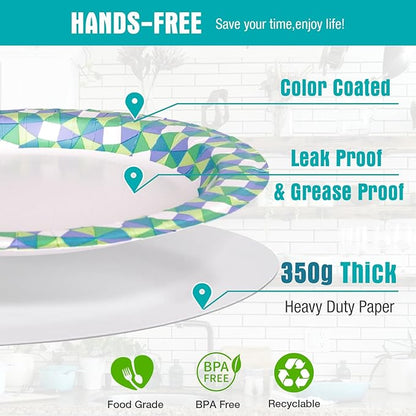 Charmount Paper Plates Bulk, 10 Inch Large Paper Plates, 100pcs Disposable Paper Plates, Blue Paper Plates for Parties and Daily Use, Soak Proof, Cut Proof, Green Printed