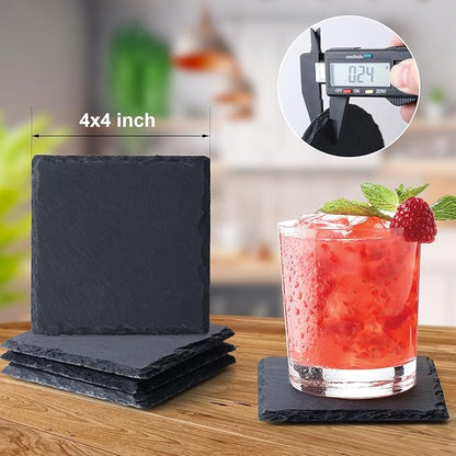 16 Pack Stone Coaster Set with Metal Stand 4-inch Square Laser-Engraved Black Stone Coasters with Protective Pads on The Bottom Ideal for Home,bar, and Gift Occasions (Weddings, housewarmings)