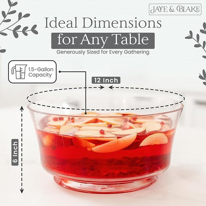 JAYE & BLAKE Premium Acrylic Punch Bowl with Ladle | 12”W x 6”H Clear Design Glass Like Quality & Durable Acrylic Bowls | 1.5 Gallon (6 quarts) Punch Bowl For Parties, Holidays, Schools, Halloween
