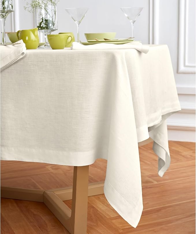 Solino Home Ivory Linen Tablecloth 70 x 120 Inch - 100% Pure Linen Table Cloth for Rectangle Tables - Sonoma, Machine Washable Tablecloth for Spring, Easter