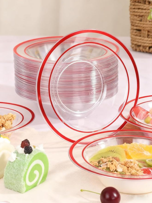 BESTSTAR 100 Pack clear Plastic Bowls with Red Rim, 12oz Disposable Soup Bowls, Heavy Duty Dessert Bowls for Christmas, Parties, Dinners, Catering, Thanksgiving