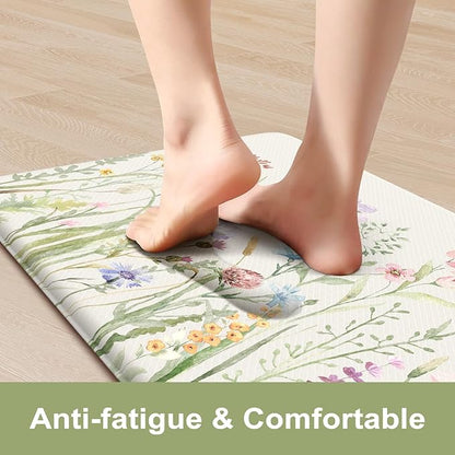 KIMODE Anti Fatigue Kitchen Mat 17.3"x29", Boho Floral Kitchen Floor Mats Non Slip, Waterproof Kitchen Mat for Floor, Padded Comfort Standing Mat for Laundry, Office, Sink, Desk White