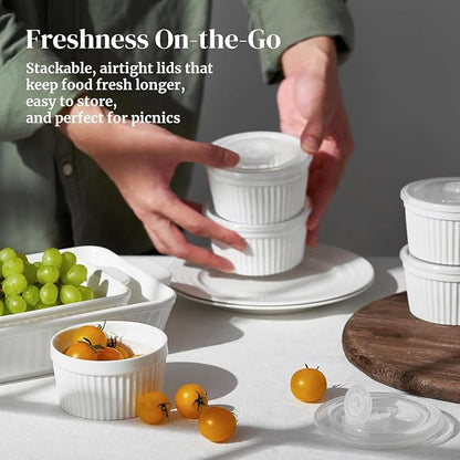 DOWAN Ramekins 8 oz Oven Safe with Lids, Creme Brulee Ramekins Bowls, Porcelain Ramiken Souffle Dishes, Custard Cups for Baking, Small Bowls for Pudding Dip Sauces Charcuterie Dessert, Soft White, Set of 6