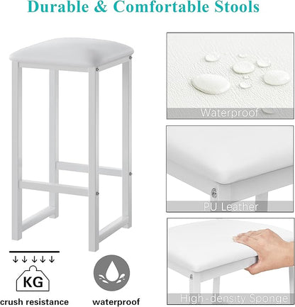 VECELO Small Bar Table and Chairs Set for 2, Upholstered Stools & Glass Storage Shelves, for Kitchen Dining Breakfast Nook, Space-Saving, Natural & White