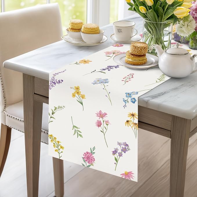 Bonhause Spring Floral Leaves Table Runner 13x90 Inch Colorful Wildflowers - Image 3