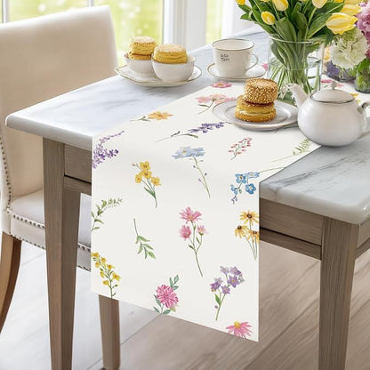 Bonhause Spring Floral Leaves Table Runner 13x90 Inch Colorful Wildflowers - Image 3