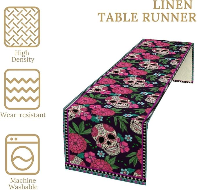 YCness Dia De Los Muertos Table Runner Red Floral Cinco De Mayo Rustic Linen - Image 6