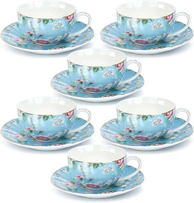 BTaT- Floral Tea Cups and Saucers, 7 oz, Fine Porcelain Teacup Set by BrewToATea