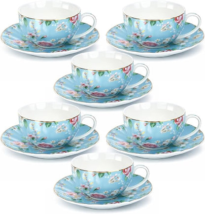 BTaT- Floral Tea Cups and Saucers, 7 oz, Fine Porcelain Teacup Set by BrewToATea