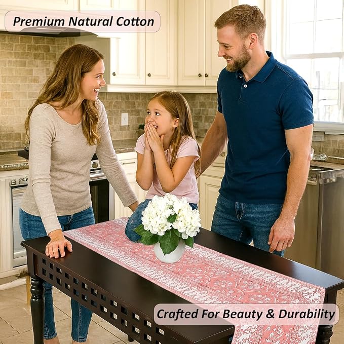 Sweet Pink Hand Block Print 100% Cotton Reusable Table Runner 16" X 106" Inches - Image 2