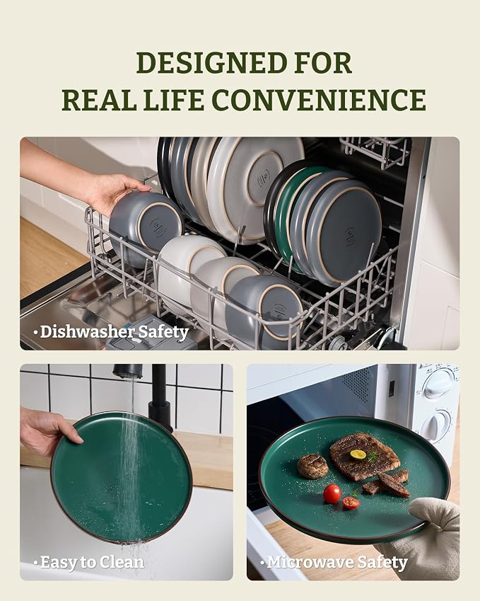 Famiware Mercury 12-Piece Stoneware Dinnerware Set, Dark Green | Plates and - Image 8