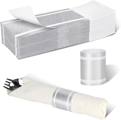 Germiwipe Standard Paper Napkin Band, 200PCS Matte Silver Napkin Ring Self-Adhesive, Silverware Wraps Bands,Table Setup Wedding Event Party Supply (Matte Silver /200pcs)
