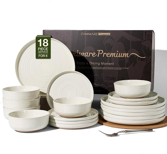 Stoneware Dinnerware Sets for 6, Plates and Bowls, Cream | 18-Piece Ceramic by FamiwarePremium