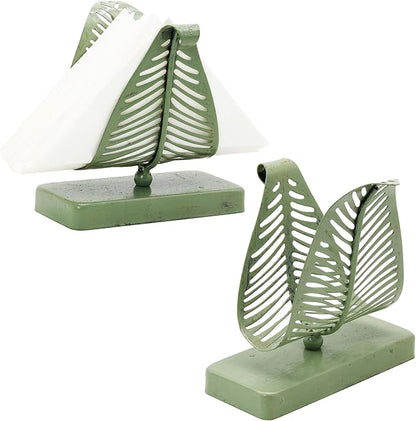 Owlgift Rustic Green Leaf Napkin Holder Set of 2 – Decorative Iron Tissue Organizer for Kitchen, Dining Table, or Entryway – Vintage Country Style Metal Letter Holder Rack