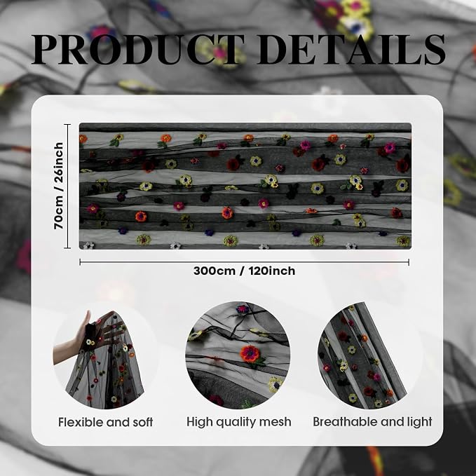 Artoid Mode Black Embroidery Daisy Gauze Table Runner 120 Inch 10FT | Seasonal - Image 7