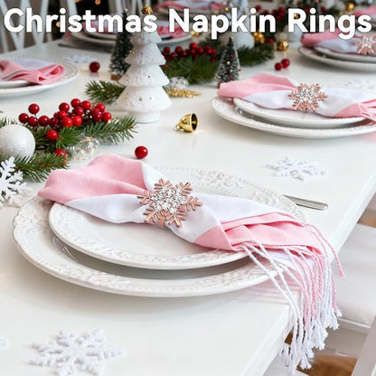 ZeeDix Christmas Snowflake Napkin Rings Set of 6- Rose Gold Rustic Dinner Tables Setting Decoration for Wedding Receptions, Christmas Holiday Party Dinner Parties