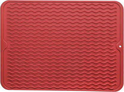 Silicone Dish Drying Mat for Multiple Usage,Easy clean,Eco-friendly,Heat-resistant Silicone Mat for Kitchen Counter or Sink,Refrigerator or drawer liner Red L 16 inches x 12 inches