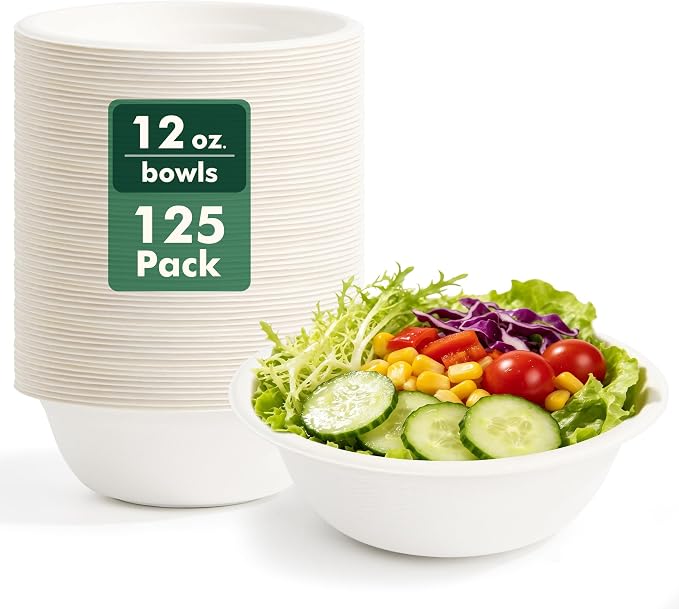 Paper Bowls 12 oz, Disposable Compostable Soup Bowls, Heavy Duty Biodegradable by CELLURA