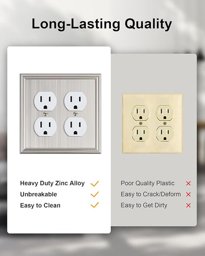 2-Pack Double Duplex Outlet Cover, Brushed Nickel Decorative Switch Plates and Outlet Covers for Electrical Outlets, Durable Zinc Alloy Wall Plates, 2 Gang Receptacle Cover