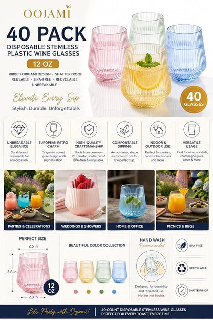 40 Pack Disposable Stemless Plastic Wine Glasses 12 oz - Image 3