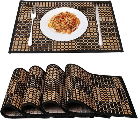 Placemats Set of 4 for Dining Table, Bamboo Place Mats for Kitchen Table Decor, Table Mats Heat Resistant & Non-Slip for Indoor/Outdoor Party, Table Placemats Set of 4 for Dinner Table Black
