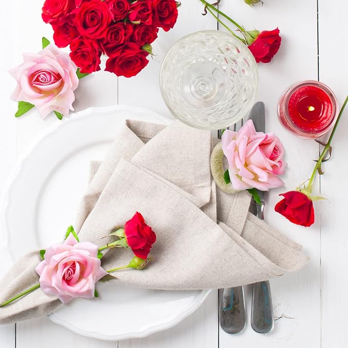 Chengu 12 Pcs Pink Floral Napkin Rings Summer Handcraft Flower Napkin Rings - Image 5