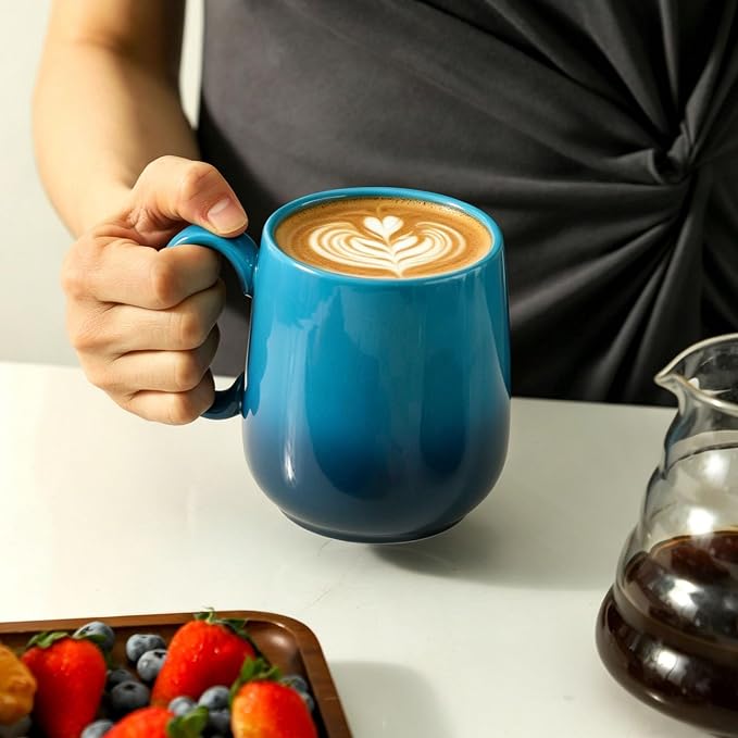 HASENSE 15oz Large Ceramic Mug Set, 4-Piece Blue Ombre Coffee Cups - Image 4