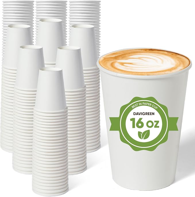 16 oz Paper Cups, 100 Disposable White Coffee Cups by DaviGreen