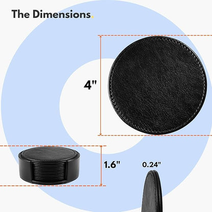 LAMOTI Leather Coasters for Drinks, 4" Drink Coasters Set of 6 with Holder for Tabletop Protection, Handmade Luxurious Home Décor and Housewarming Gift (Black)