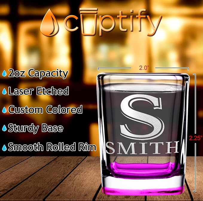 Personalized Glasses Set of 2 Initial and Name 2oz Pink Bottom Etched Square Shot Glass Engraved with Custom Text Birthday or Christmas Gift for Women