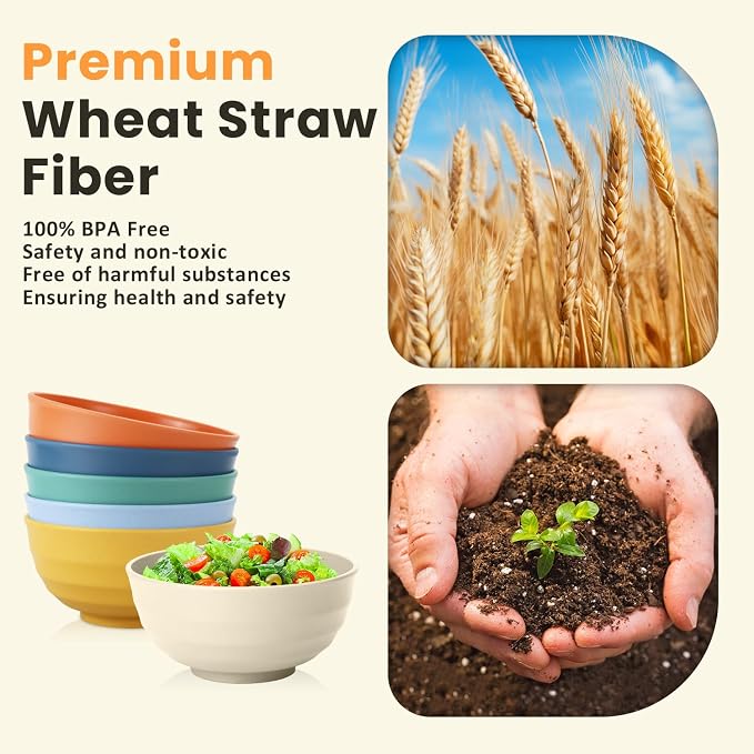 Large Bowl Set of 6, 60 oz Unbreakable Wheat Straw Bowls, Microwave Safe & - Image 3