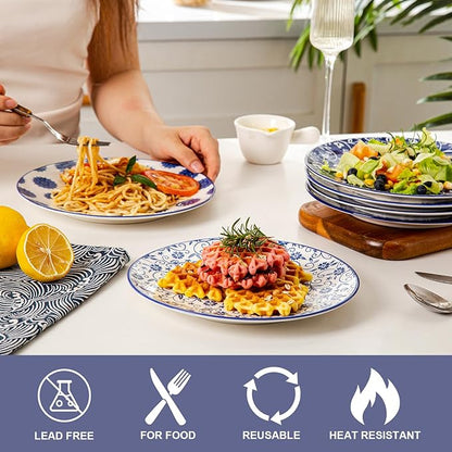 Ceramic Salad Plates Set - 8.5 Inch Small Round Dessert Dishes for Kitchen Dinner Pasta Appetizer Sandwich - Scratch Resistant Porcelain Microwave Oven Dishwasher Safe - Set of 6 - Vintage Blue