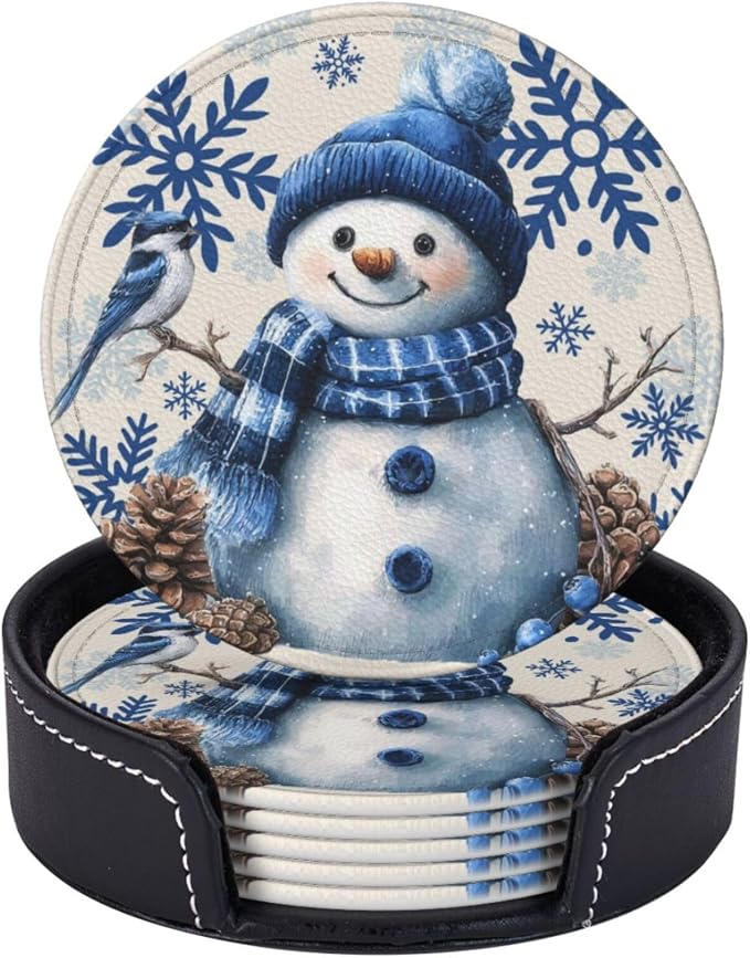 Winter Blue Snowman Snowflakes Coasters by KiuLoam