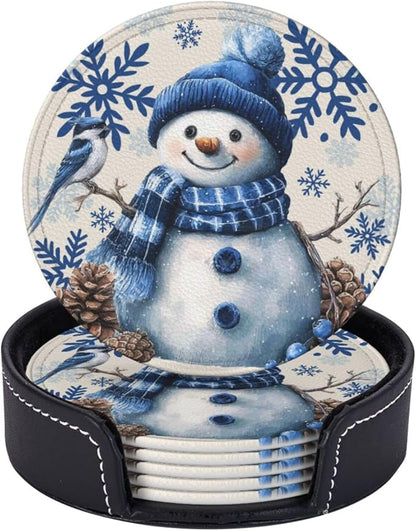 Winter Blue Snowman Snowflakes Coasters by KiuLoam