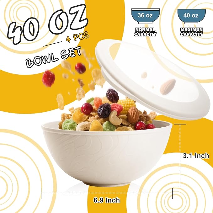 Wheat Straw Bowls Set with Lids, Unbreakable 40 OZ Large Cereal Bowls Set of 4 - Image 2