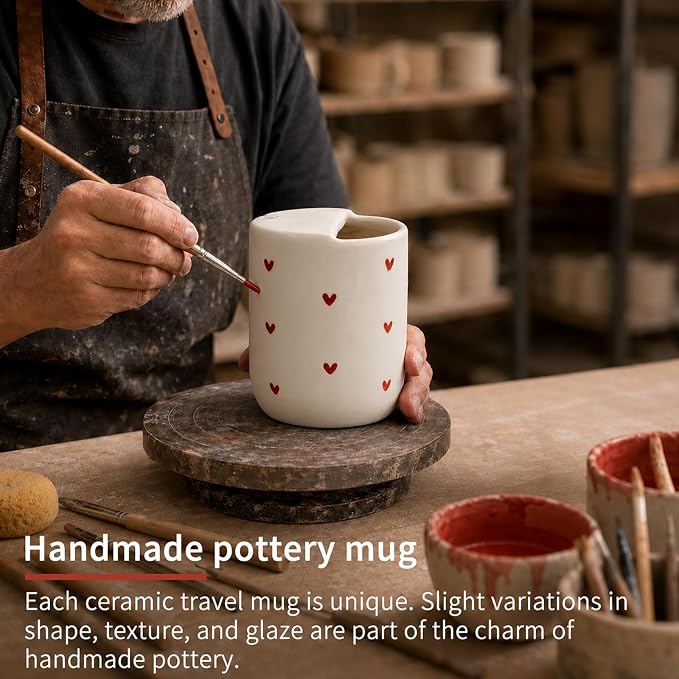 To Go Ceramic Coffee Cups with Lids, Romantic Red Hearts Ceramic Traval Mug - Image 3