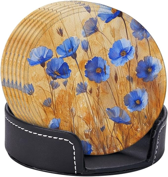 Flowers Plant Floral Blue Leather Coasters Set of 6 - Image 4
