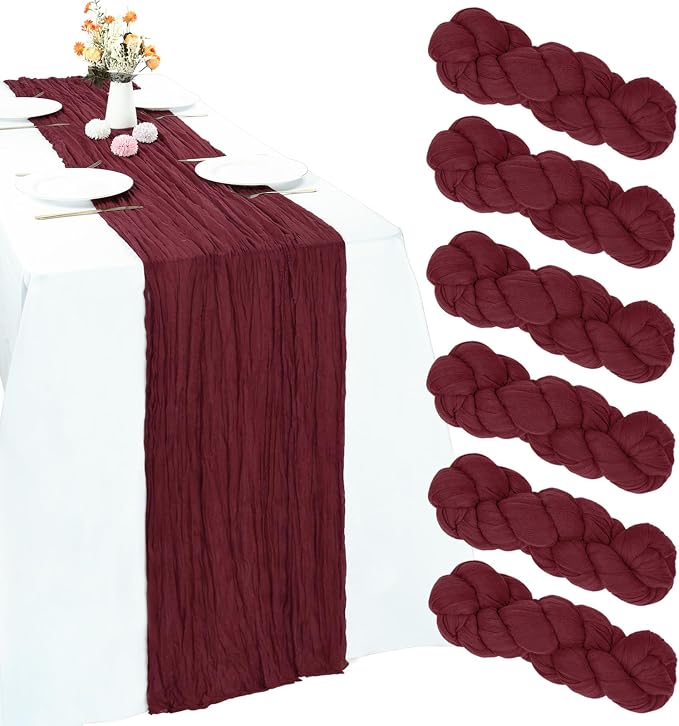 6 Pack Burgundy Cheesecloth Table Runner 35 x 120 Inch | Boho Gauze Fabric by RestfulGlow