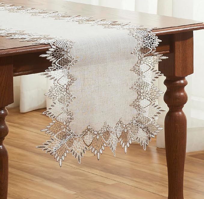 Natural Linen Table Runner 36 inches Beige Lace Coffee Table Runners | French by Raedan