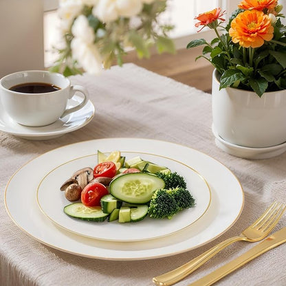 Nervure 100Pcs Ivory and Gold Plastic Plates - 10.25inch Disposable Ivory Dinner Plates - Heavy Duty Plastic Plate Ideal for Wedding & Party