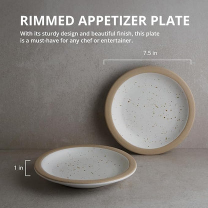 Goodies White & Brown Rimmed Appetizer Plates (Set of 4), Handmade Ceramic, Glazed, Dishwasher Safe, Microwave Safe, Durable, Easy-to-Clean, Stackable, 7.5 Inch