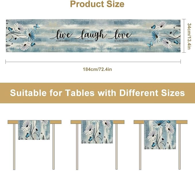 Blue Daisy Floral Table Runner, Spring Summer Floral Flower Boho Butterfly - Image 5
