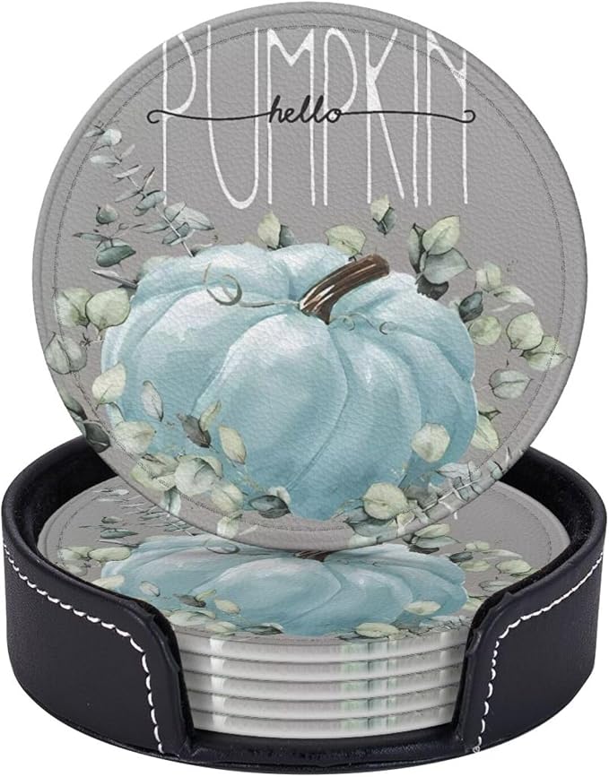 6 Pcs Fall Blue Pumpkin Eucalyptus Leaves Grey Leather Coasters by Jfniub