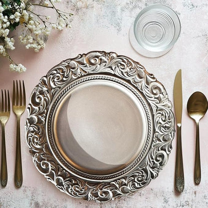 Antique Silver Charger Plates Embossed Rim, 13 Inch Dinner Plate Chargers Round - Image 7