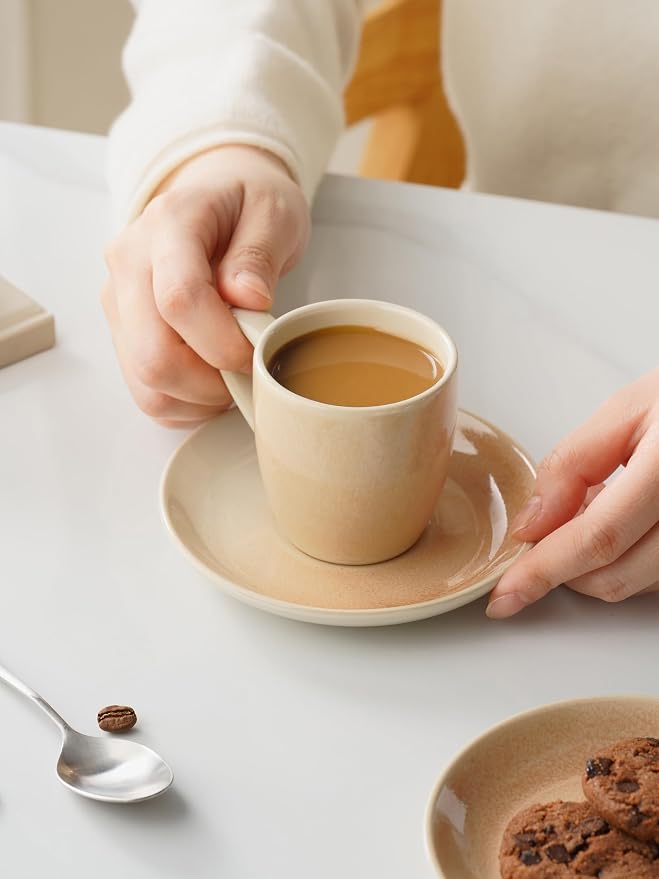 famiware 3oz Espresso Cups and Saucers, Honey Beige | Ceramic Small Coffee Mug - Image 3