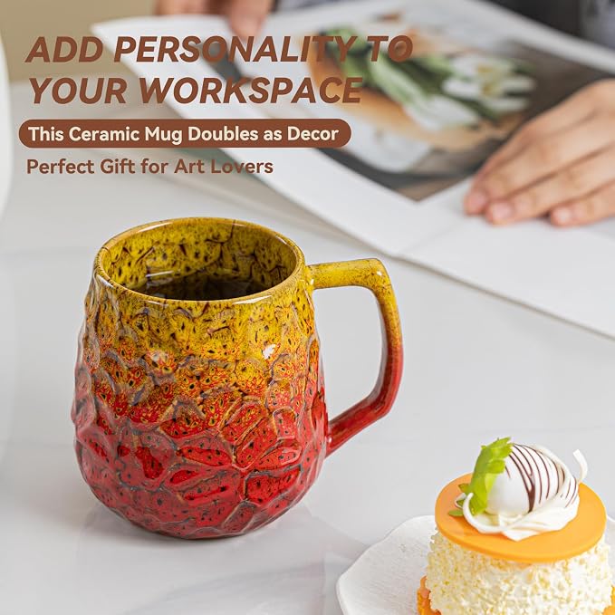 18oz Unique Yellow & Red Kiln-Change Ceramic Coffee Mug, Handcrafted Hammered - Image 5