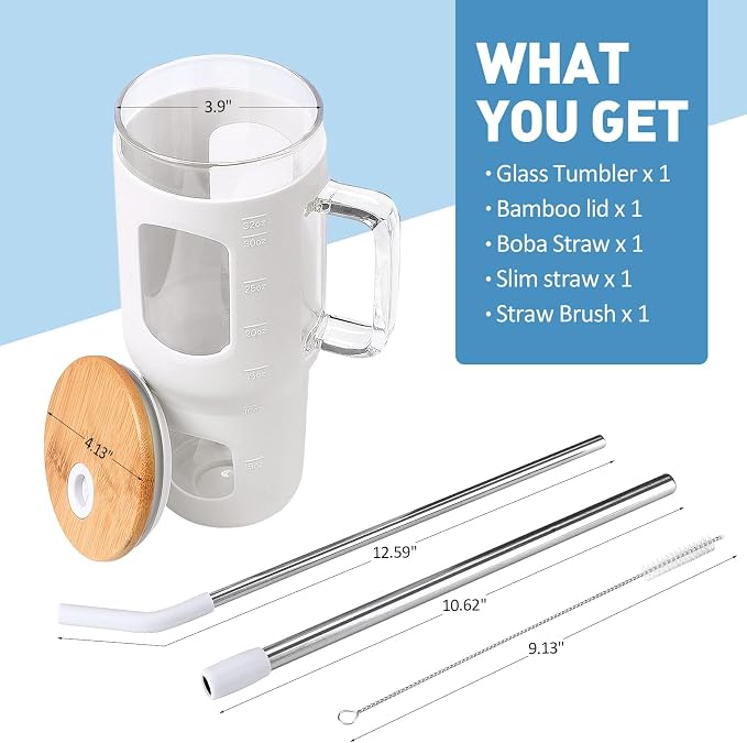 WINSA Glass Tumbler with Straw and Lid, 32 oz Glass Cup with Handle, Glass - Image 2